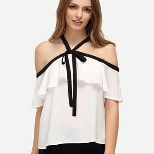 Cold shoulder tie front drill blouse
